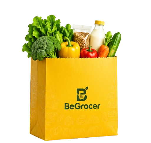 Yellow BeGrocer paper bag filled with fresh vegetables, milk and grains